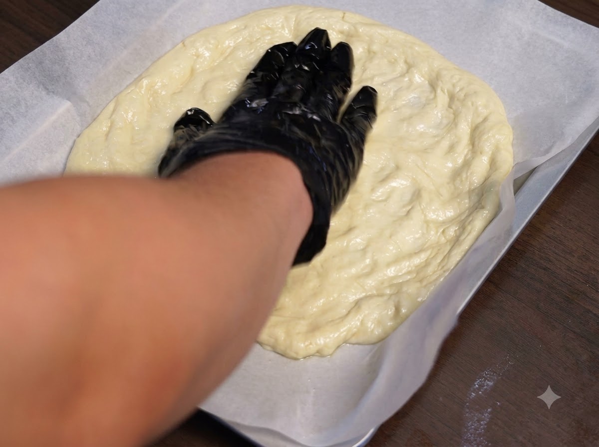 Formaggio grattugiato sparso su uno strato di pasta per pizza appiattita.