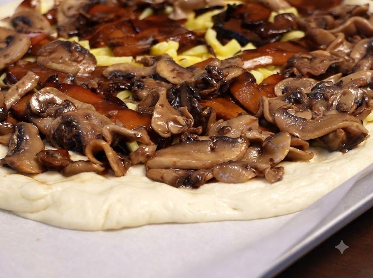 Pezzi di salsiccia affettata disposti uniformemente sullo strato di funghi e formaggio.