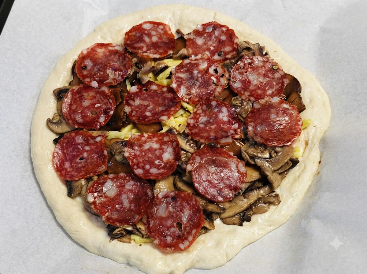 Pizza completamente assemblata pronta per essere inserita allinterno di un forno caldo per la cottura.