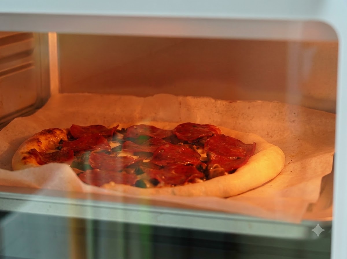 Una vista ravvicinata attraverso la porta a vetri di un forno che mostra una pizza parzialmente cotta guarnita con altro formaggio grattugiato.