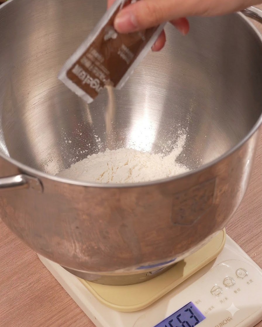 Lievito di birra secco versato da un piccolo pacchetto nel miscuglio di farina dentro una ciotola di metallo.