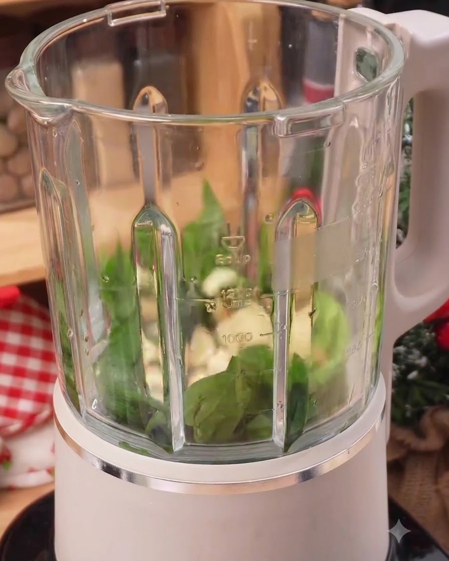 Foglie di basilico fresco, aglio e olio dentro il bicchiere di un frullatore trasparente pronti per essere frullati.