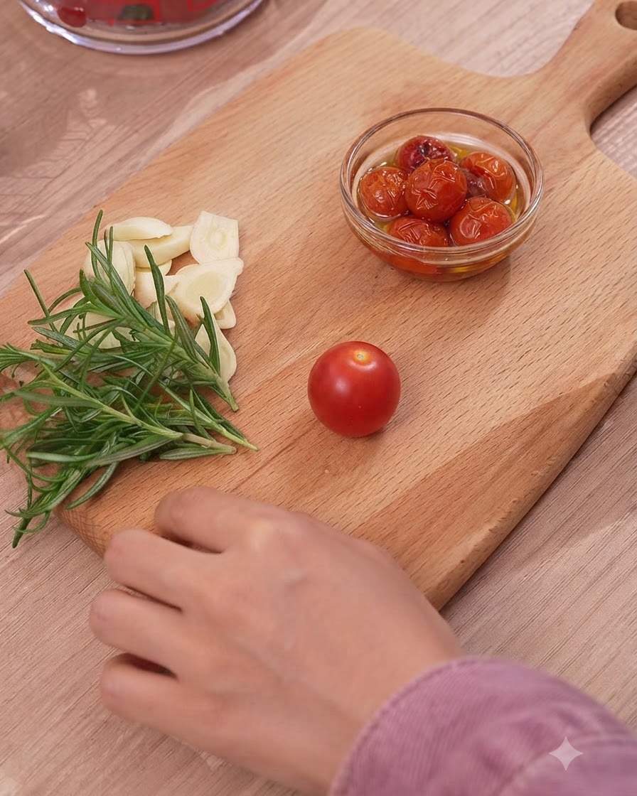 Pomodorini freschi, aglio e rosmarino disposti su un tagliere di legno accanto a una ciotola di pomodori già conditi.