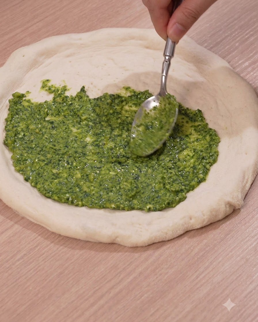 Un cucchiaio che spalma la vivace salsa al pesto verde uniformemente sopra il centro di un disco di pasta per pizza cruda.