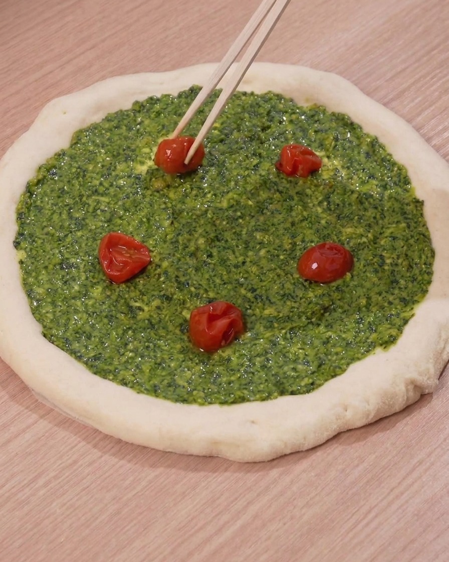 Bacchette che posizionano metà di pomodorino arrostiti sulla base di pesto verde di un impasto per pizza.