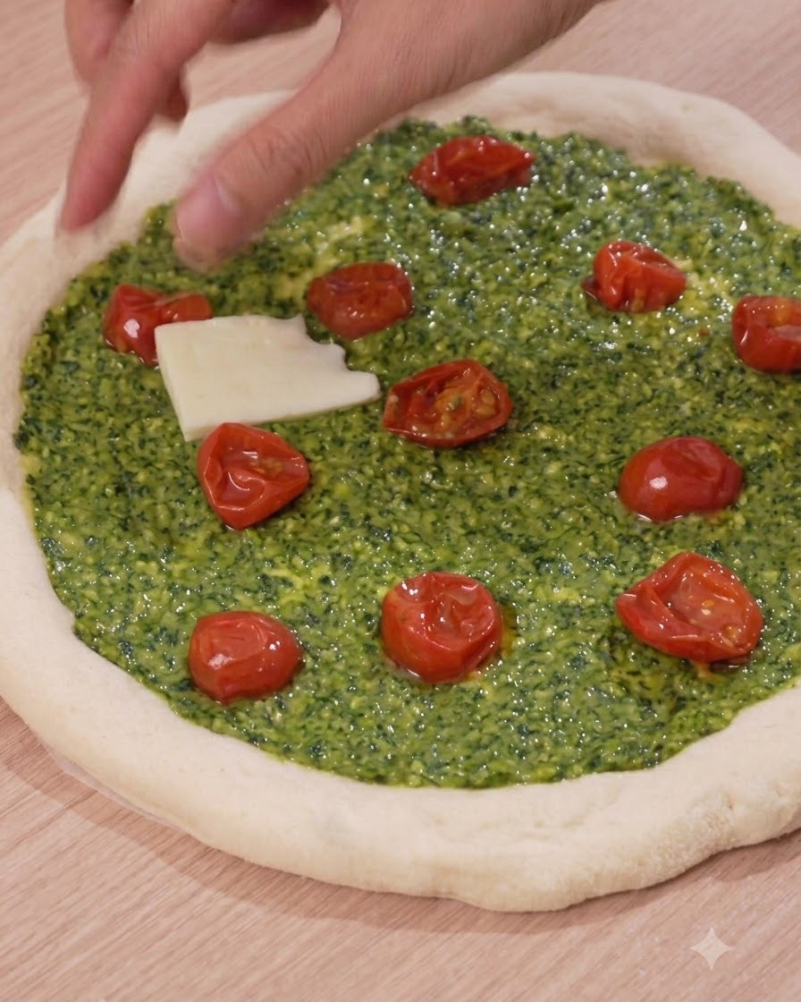 Fette bianche spesse di formaggio mozzarella posizionate sulla base della pizza al pesto e pomodoro.