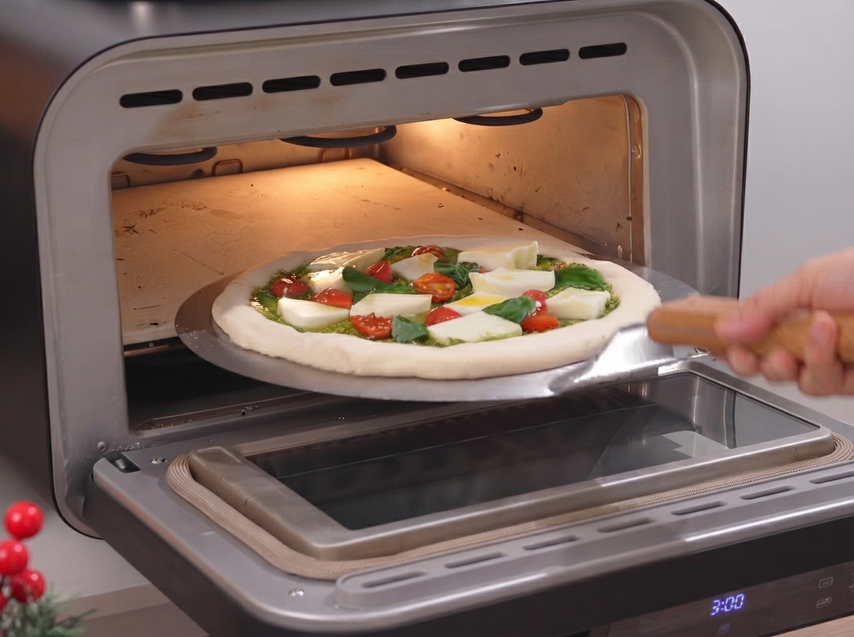 Una pizza cruda completamente assemblata fatta scivolare da una pala allinterno dellantro luminoso di un forno per pizza caldo.