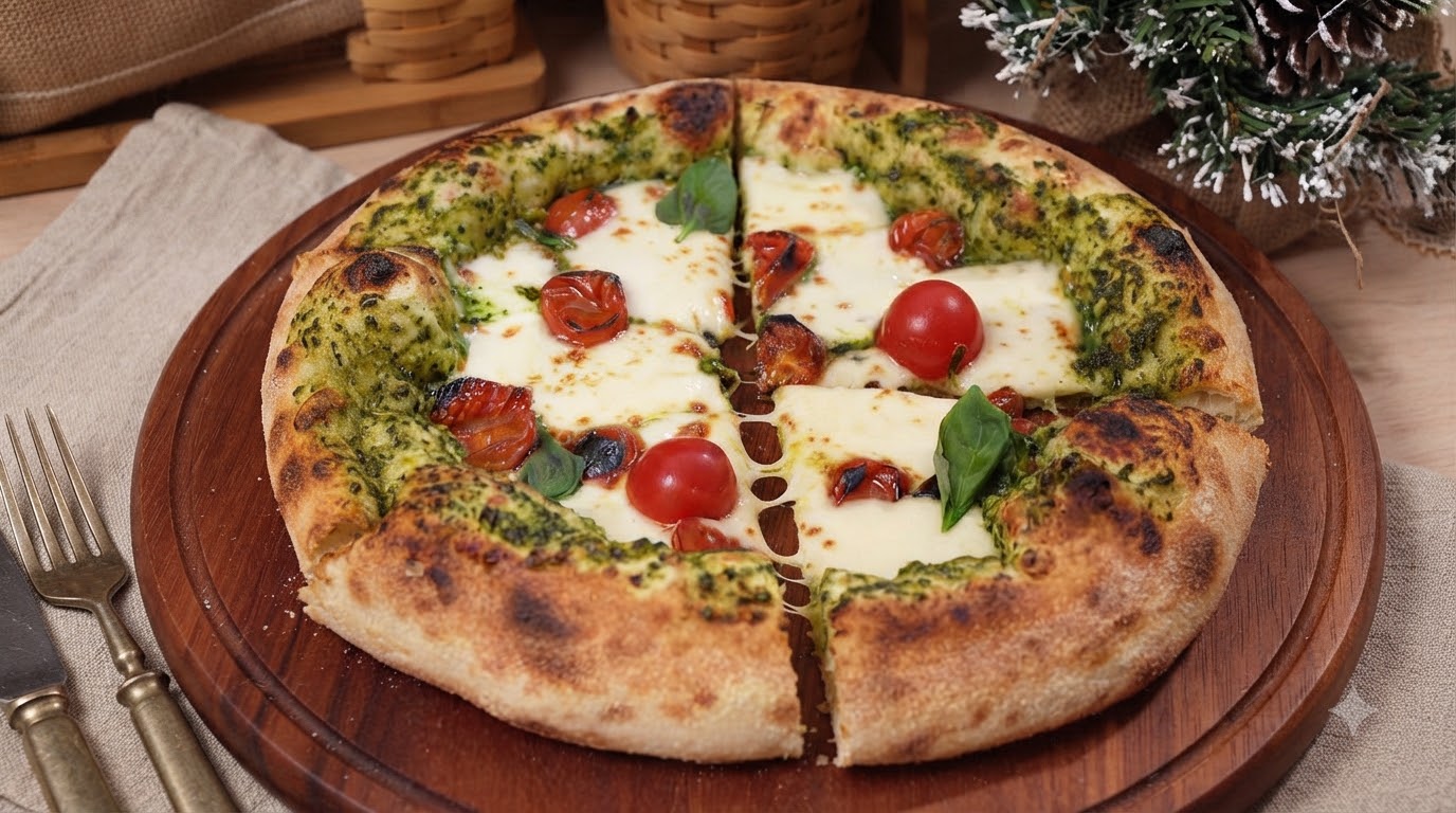 Pizza fatta in casa al pesto e pomodorini arrostiti