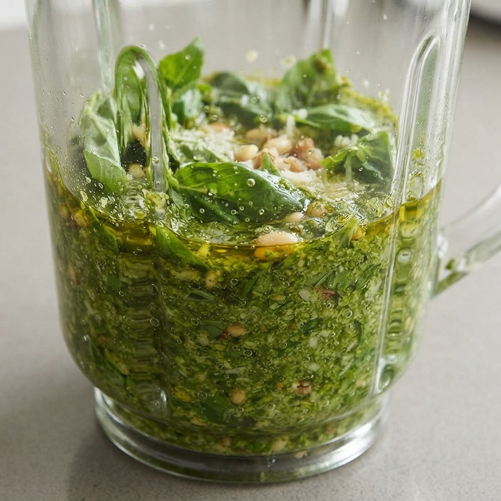 Salsa al pesto di basilico verde appena frullata allinterno di un contenitore di vetro con una spatola.