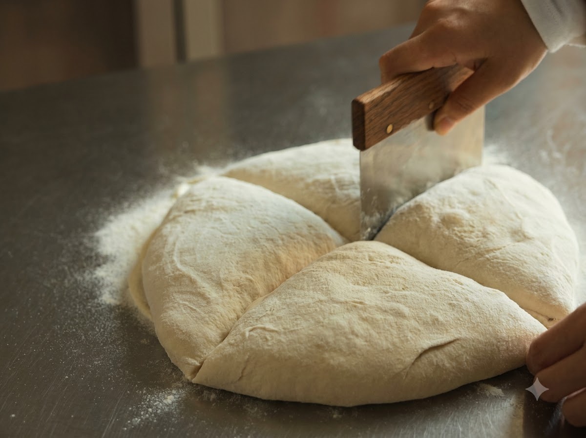 Un tarocco in metallo che taglia un grande pezzo di impasto per pizza in quattro sezioni.