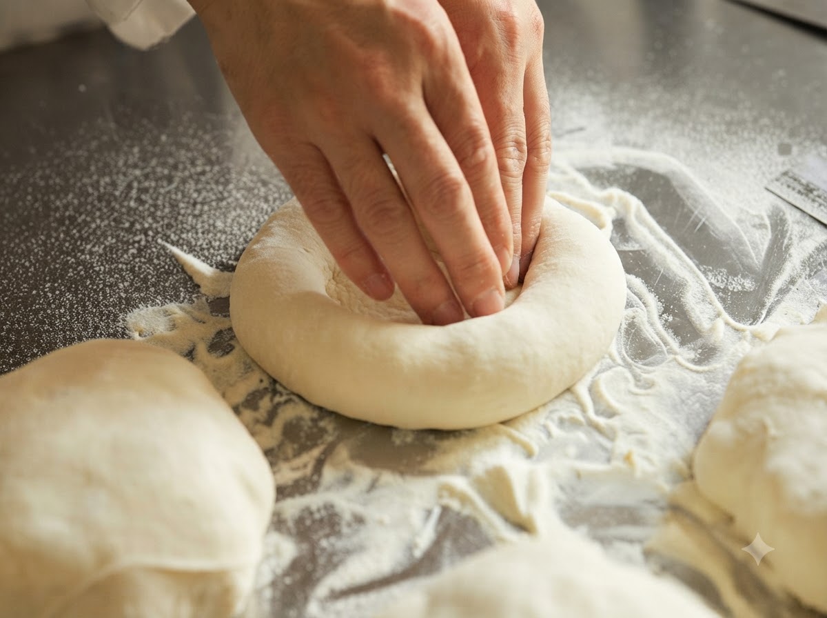 Mani che premono e modellano una pallina di impasto per pizza in un disco circolare.