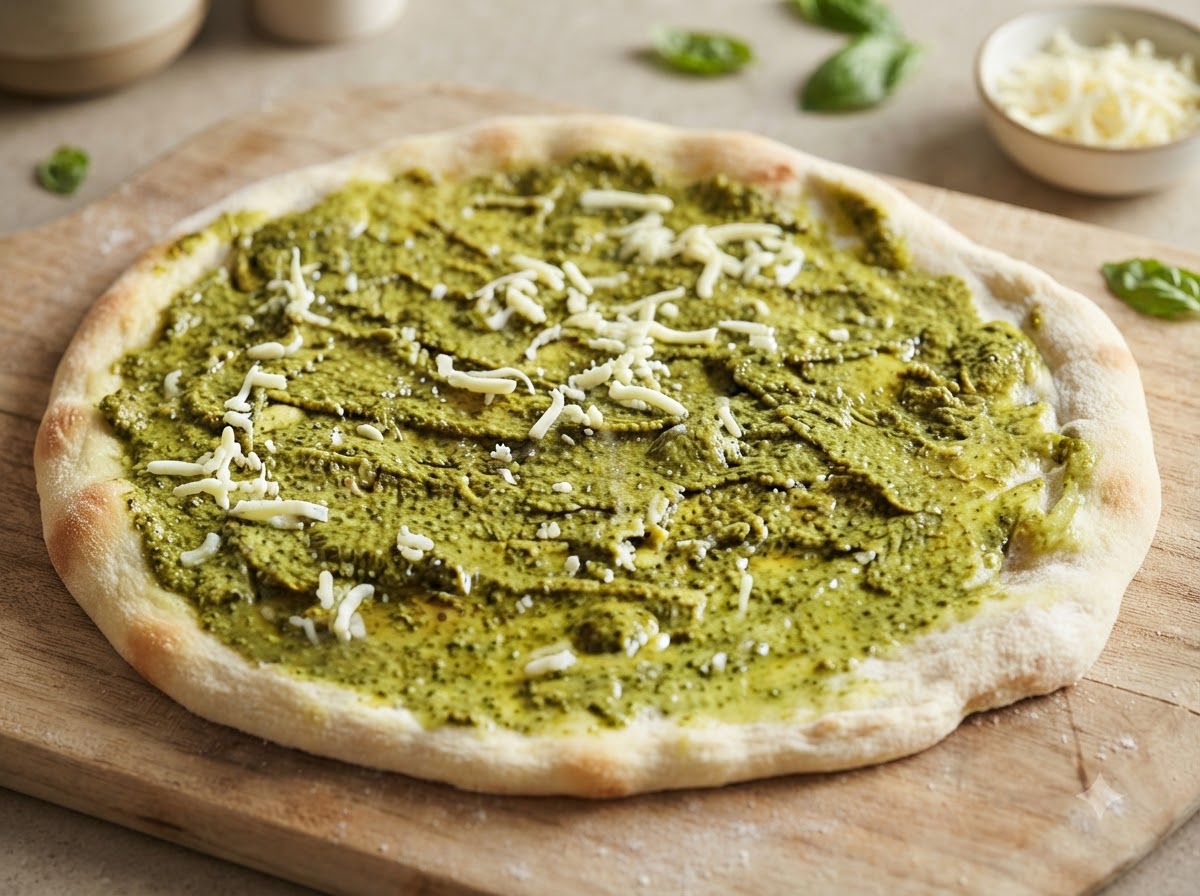 Una crosta di pizza spalmata di salsa verde al pesto e guarnita con fili di mozzarella sparsi.