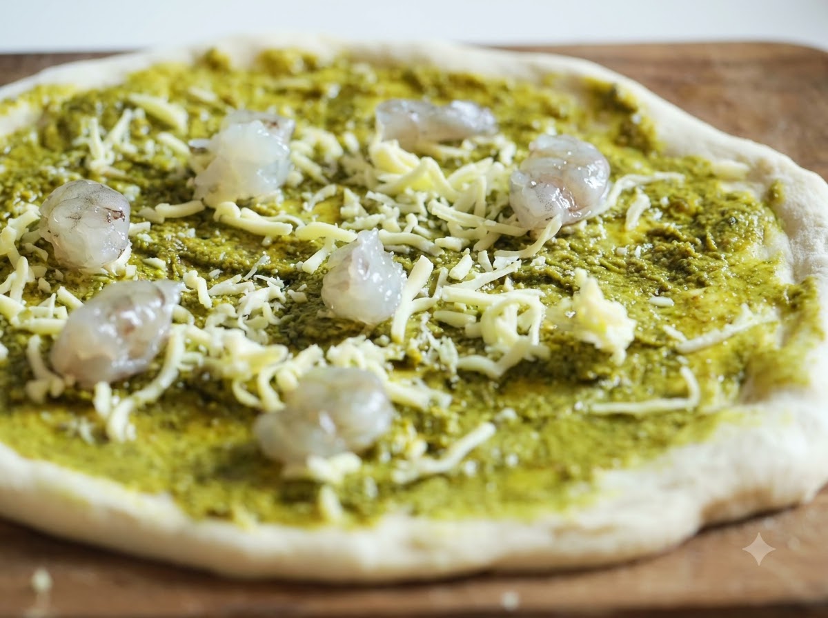 Pezzi di gamberi crudi distribuiti uniformemente su una base per pizza coperta di pesto e formaggio.