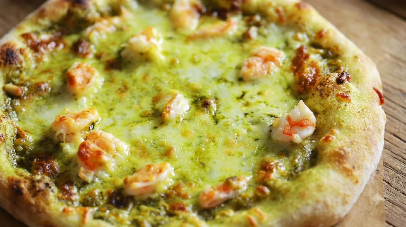 Pizza rustica con pesto di basilico e gamberi