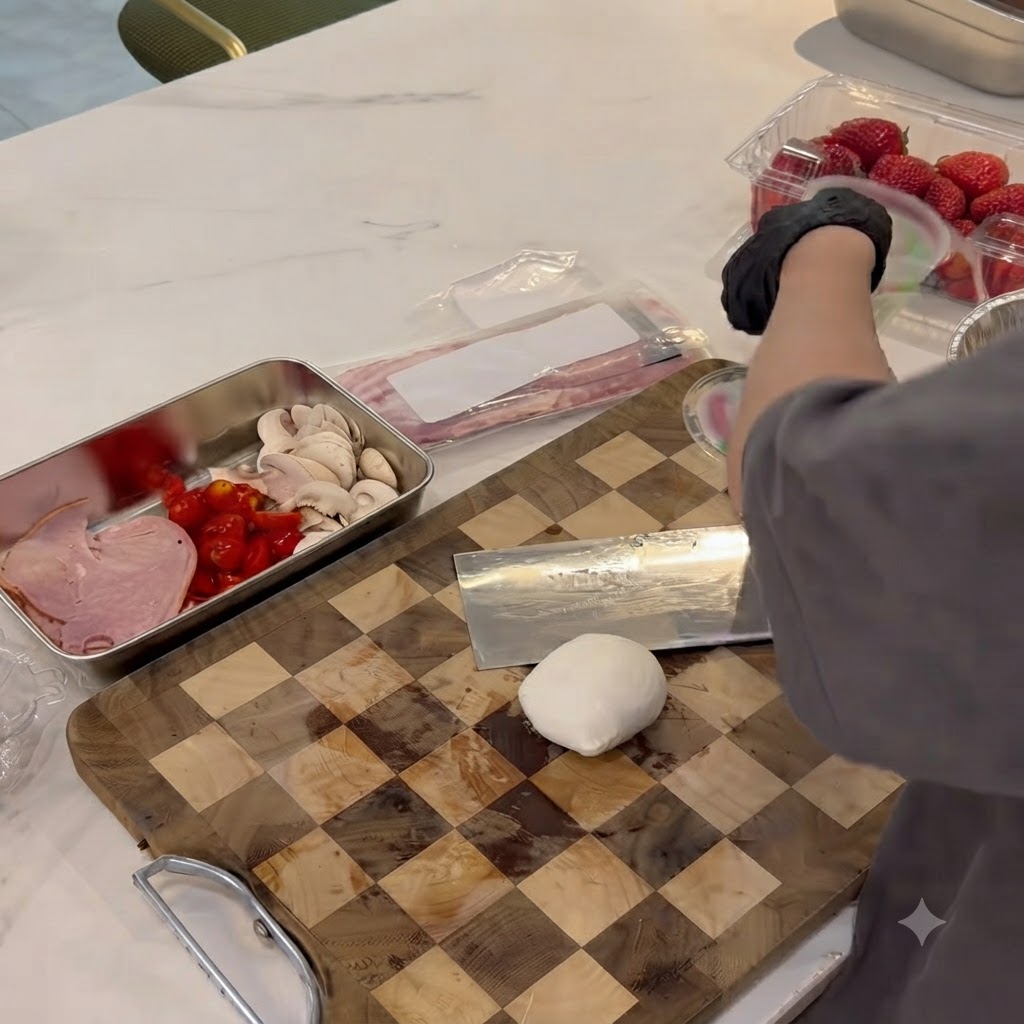 Affettare palline di mozzarella fresca sul tagliere.