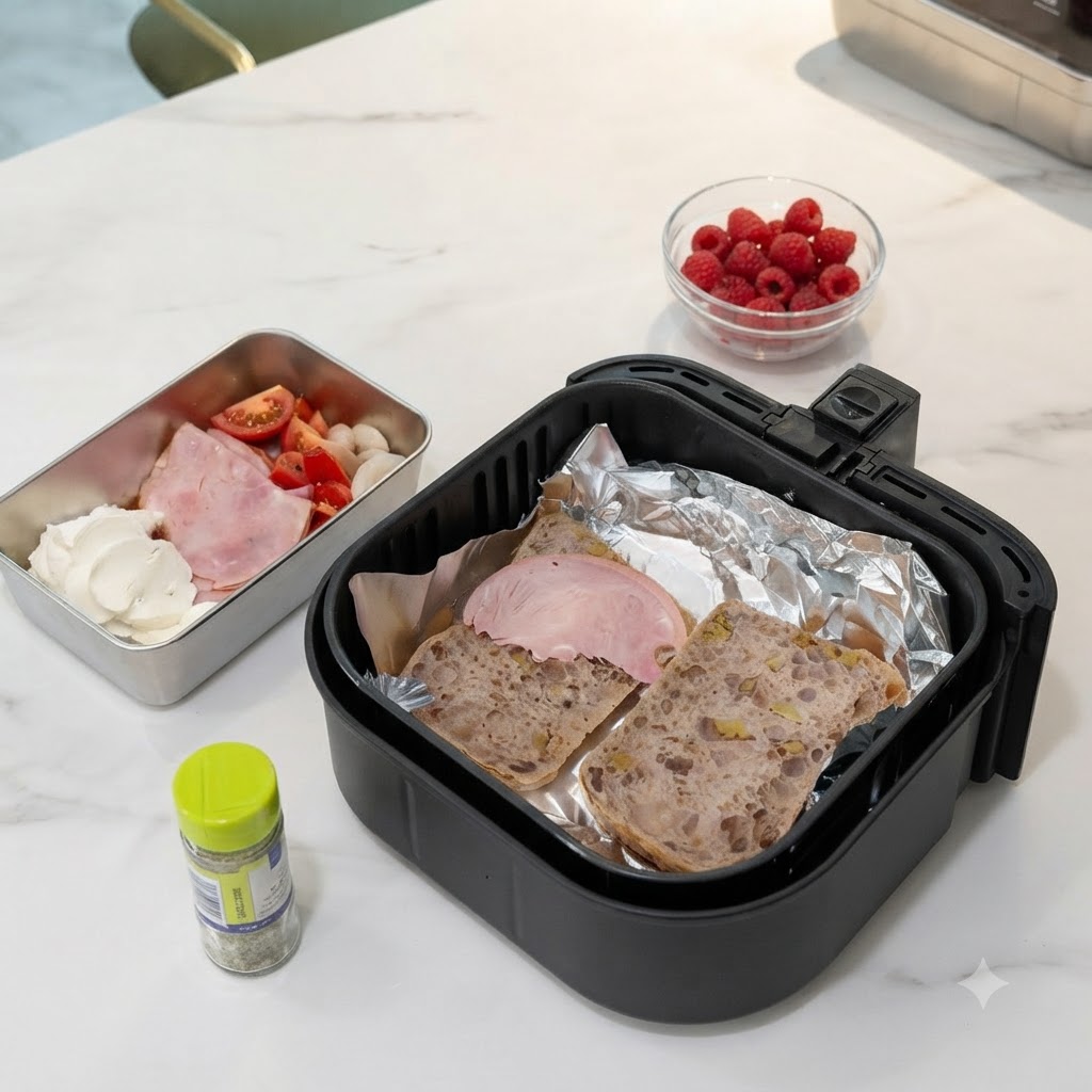 Disposizione di fette di prosciutto su fette di pane rivestite con carta alluminio dentro un cestello della friggitrice ad aria.