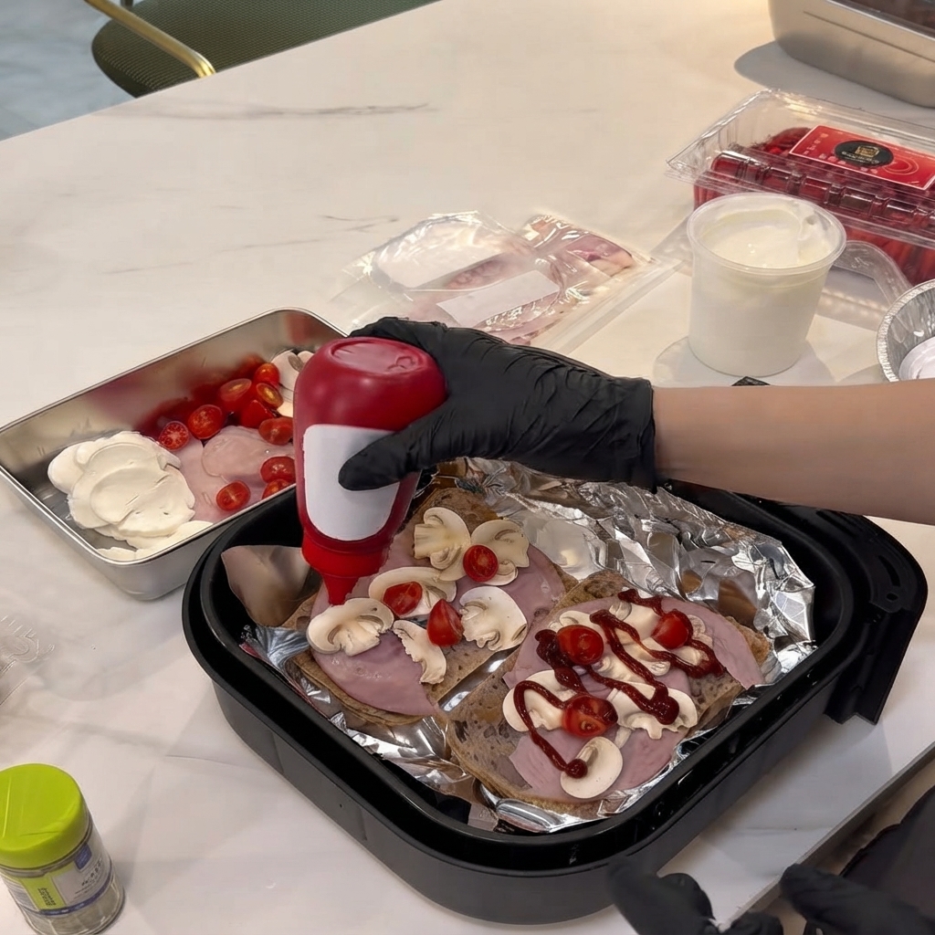 Una mano guantata che stringe una bottiglia rossa di ketchup sopra funghi affettati e prosciutto sul pane.