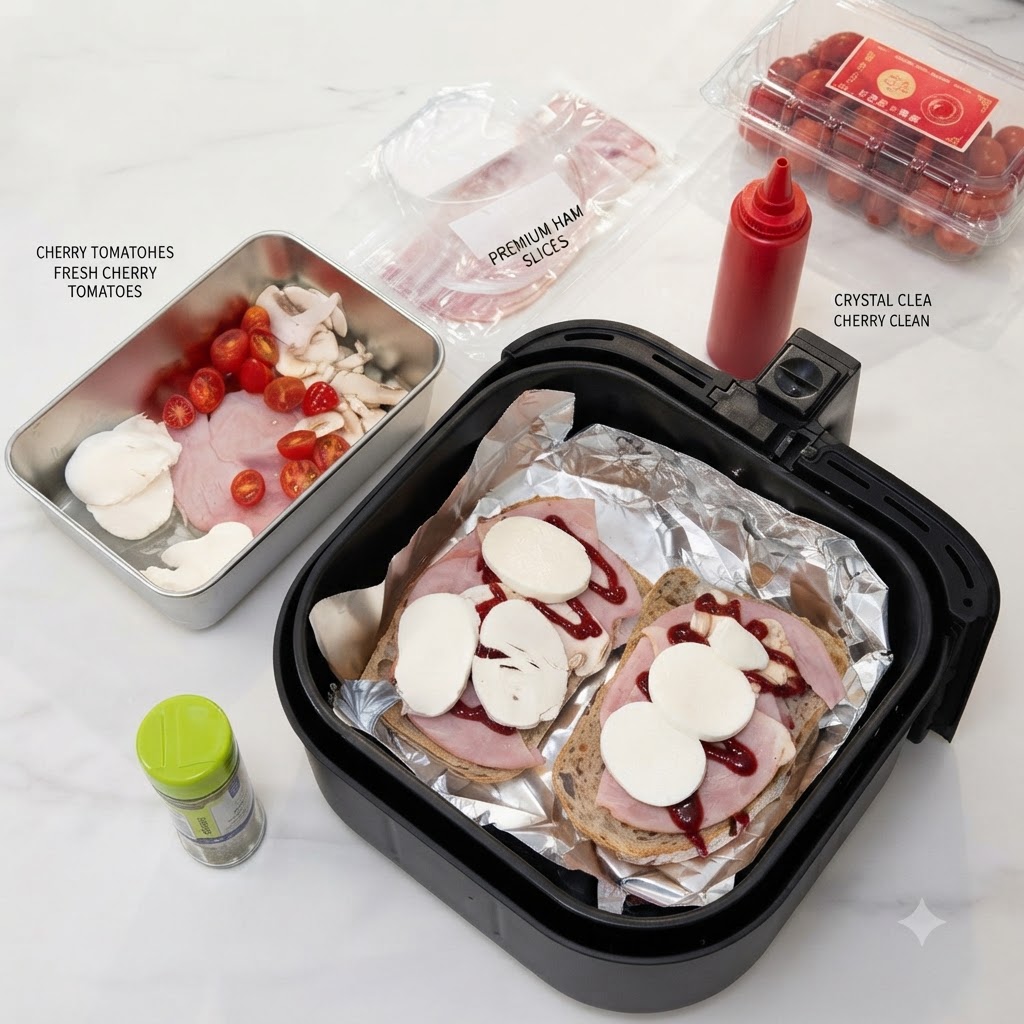 Fette spesse di mozzarella fresca disposte ordinatamente sopra il prosciutto e i condimenti allinterno della friggitrice ad aria.
