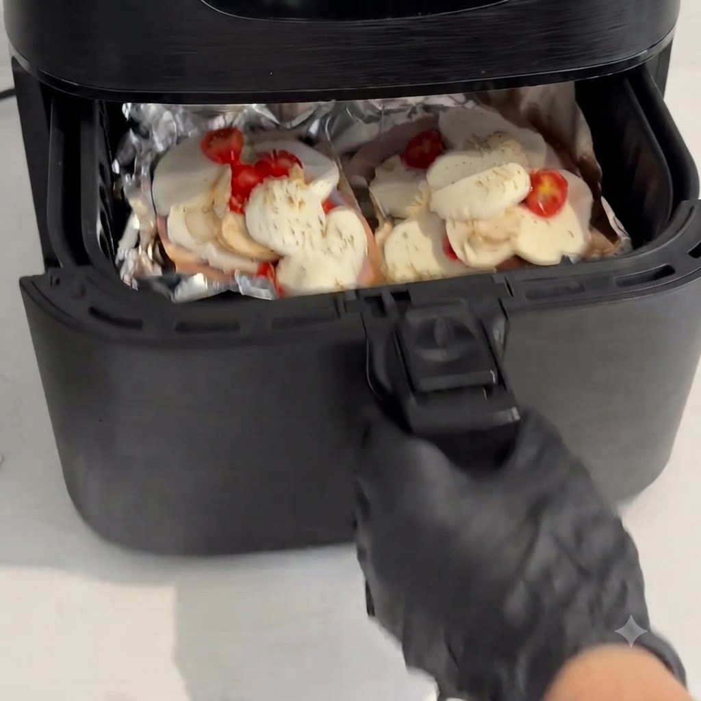 Una mano guantata che spinge il cestello della friggitrice ad aria chiuso con le porzioni di pizza preparate allinterno.