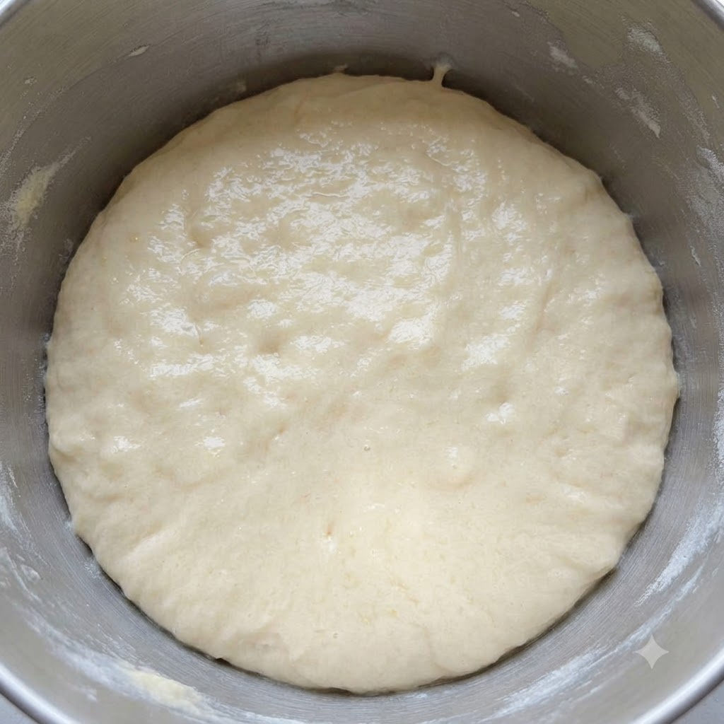 Palla di pasta per biscotti liscia e coesa che riposa allinterno di una ciotola di miscelazione in acciaio inossidabile.