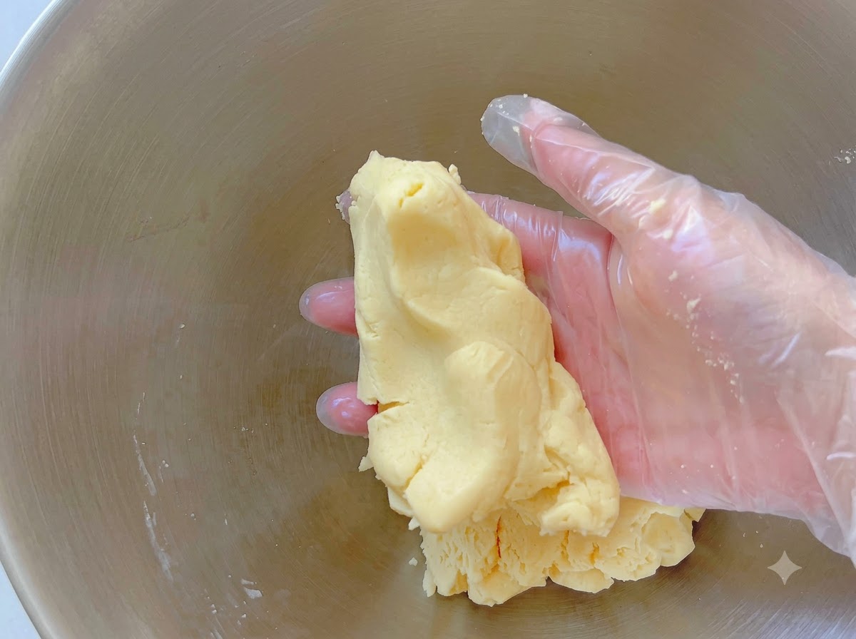 Mano guantata che tiene una porzione di impasto per biscotti giallastro allinterno di una ciotola di miscelazione.