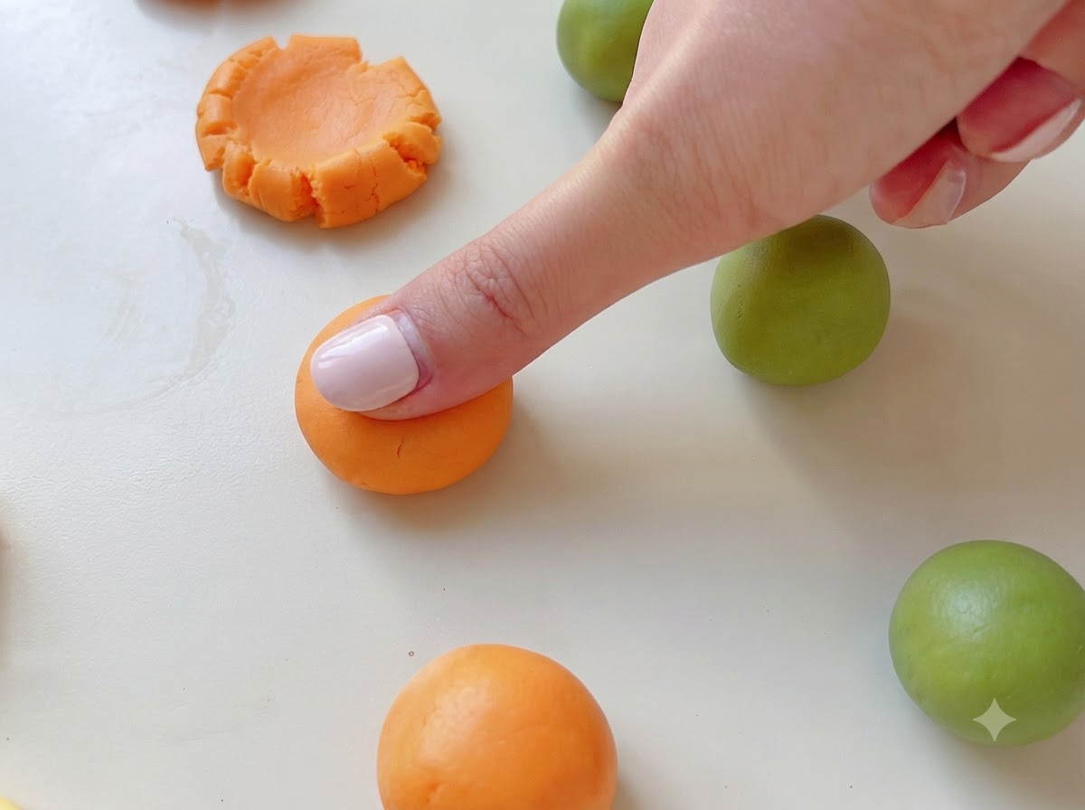 Un dito che preme delicatamente verso il basso su una pallina di impasto arancione per appiattirla.
