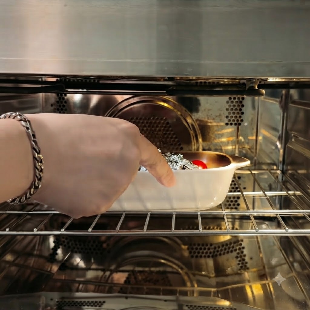 Una teglia di ceramica bianca contenente aglio avvolto e pomodorini inserita nella griglia del forno.