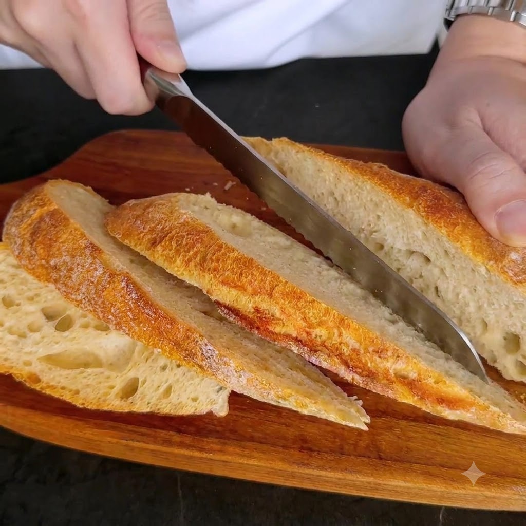 Una pagnotta di pane croccante tagliata a fette diagonali con un apposito coltello su un tagliere di legno.