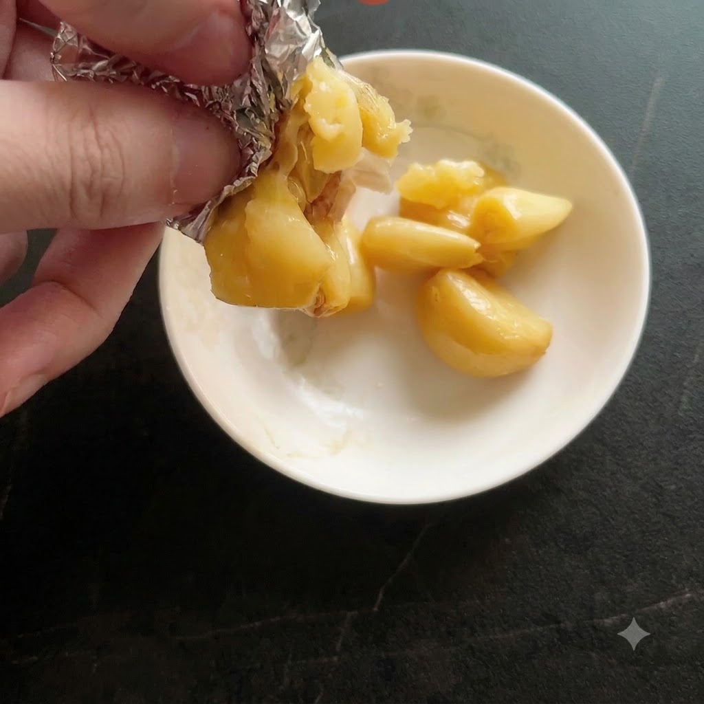 Spicchi daglio arrostito teneri spremuti dal loro involucro di alluminio in una ciotola bianca.