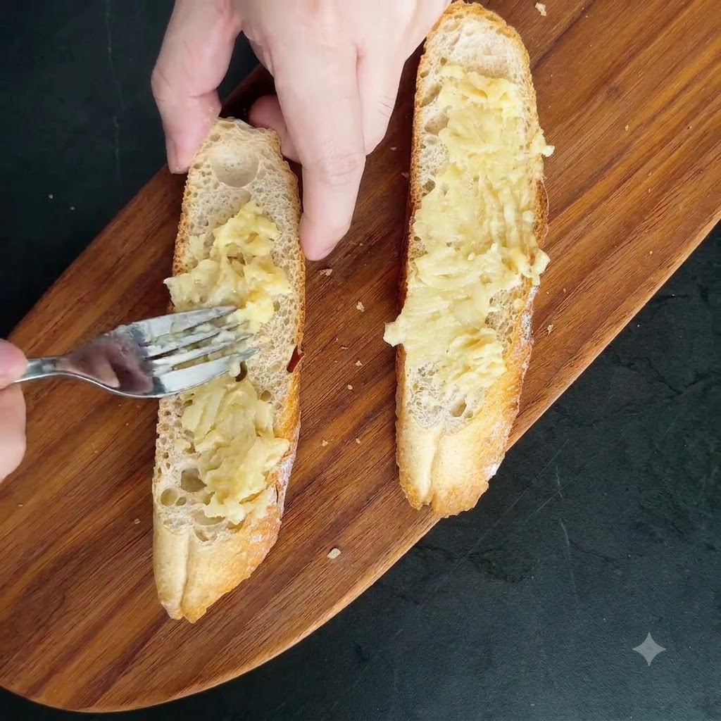Pasta di aglio arrostito spalmata sulle fette di baguette tostata su un tagliere di legno tramite una forchetta.