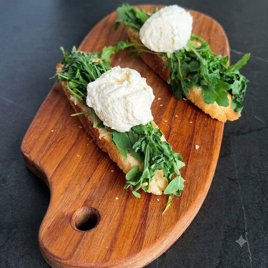 Un cucchiaio abbondante di formaggio di yogurt bianco e cremoso adagiato sopra la rucola su una fetta di baguette.