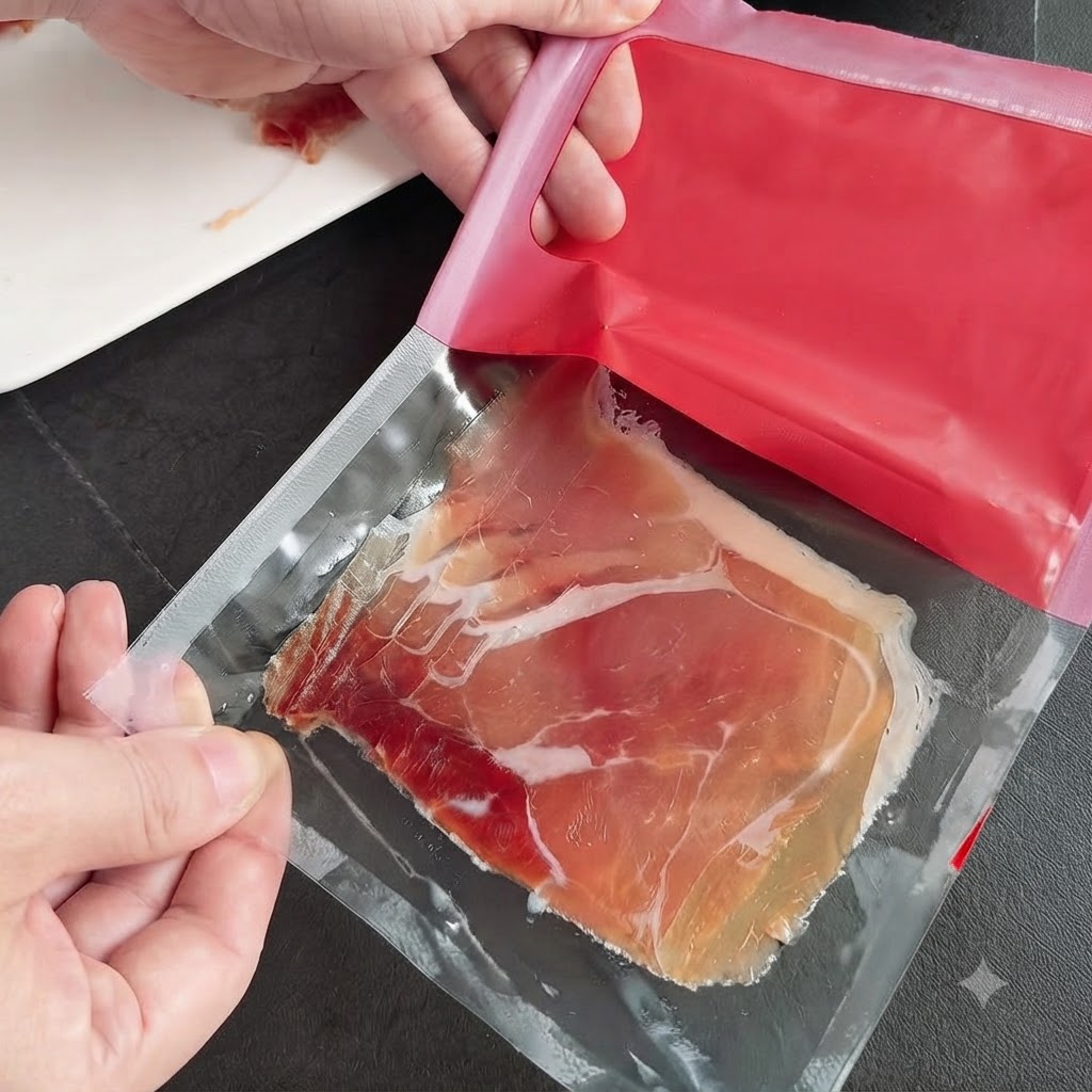 Primo piano di mani che aprono una confezione sottovuoto di fette di prosciutto spagnolo stagionato.