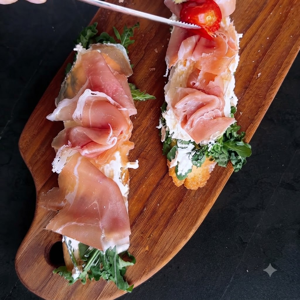 Pinze che posizionano pomodorini arrostiti vibranti sulle tapas assemblate di prosciutto e formaggio.
