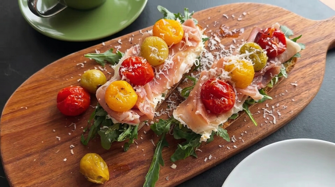 Tapas di Aglio Arrostito, Pomodorini e Prosciutto Spagnolo