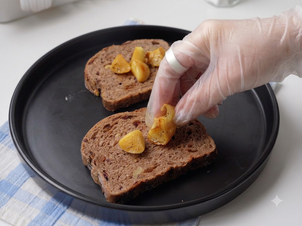 Una mano con guanto che posiziona spicchi daglio morbidi e arrostiti su una fetta di pane rustico.