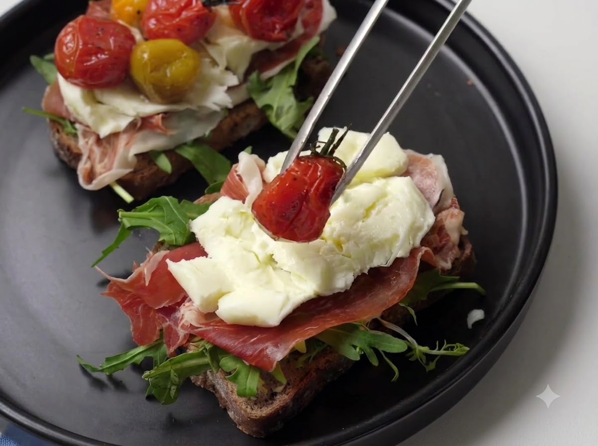 Pinze da cucina che posizionano un pomodorino ciliegino caldo e arrosto sul panino assemblato.