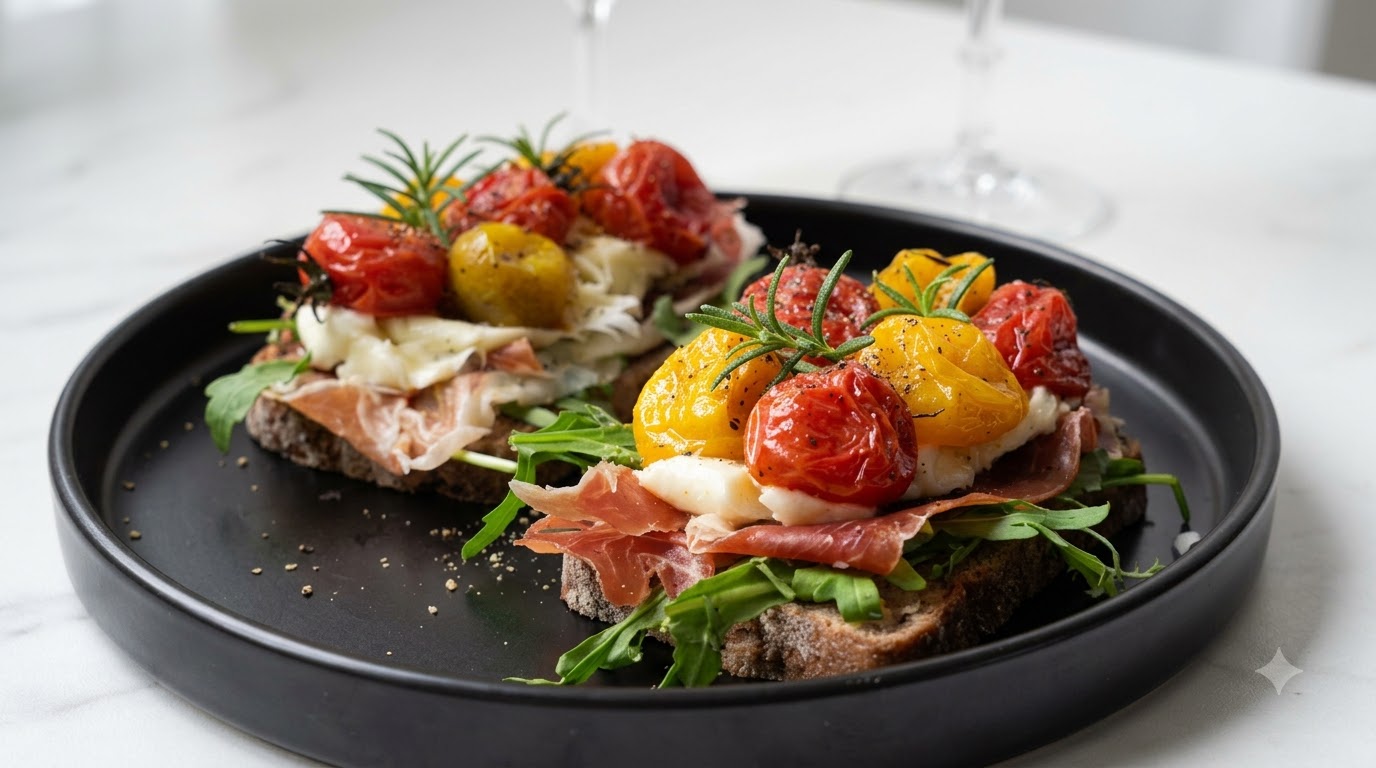 Bruschetta Aperta con Pomodorini Arrostiti e Prosciutto