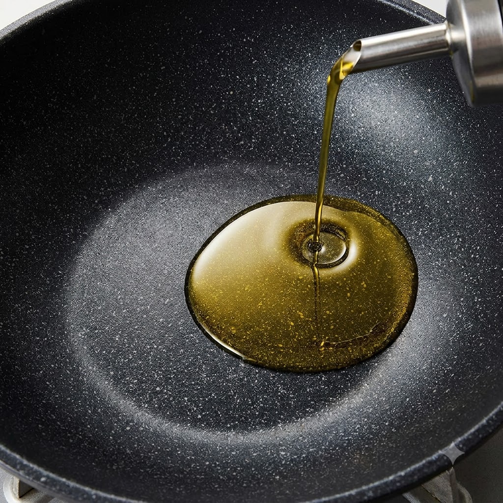Olio da cucina versato in un wok nero riscaldato su un fornello.