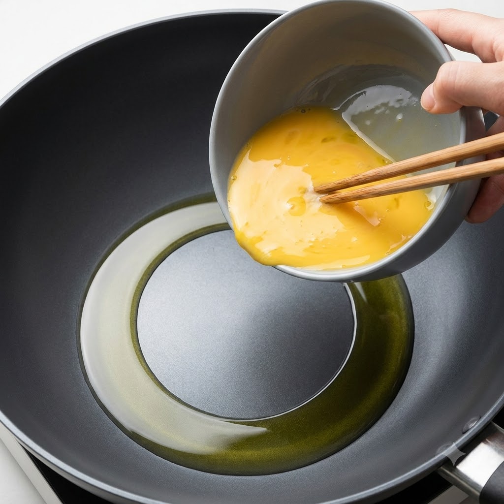 Composto di uova sbattute versato da una ciotola grigia in un wok caldo e oleato.