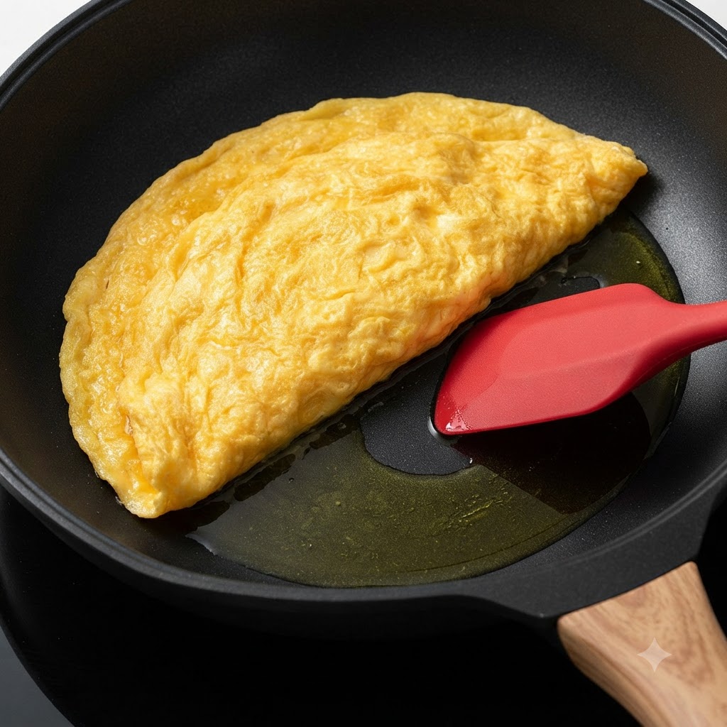 Uova cotte mosse allinterno di un wok con una spatola in silicone rosso.