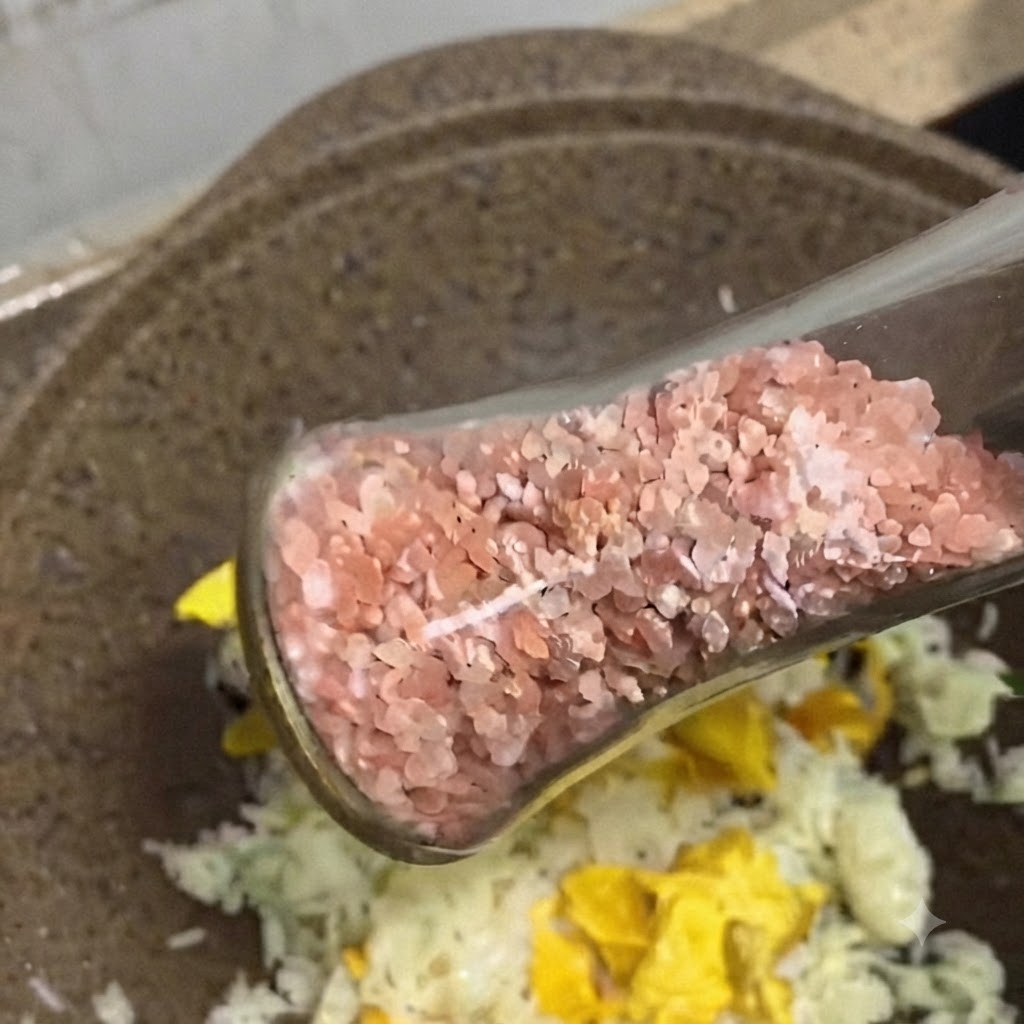 Un macina spezie in vetro che cosparge scaglie di sale rosa e pepe nero sul riso saltato in padella.