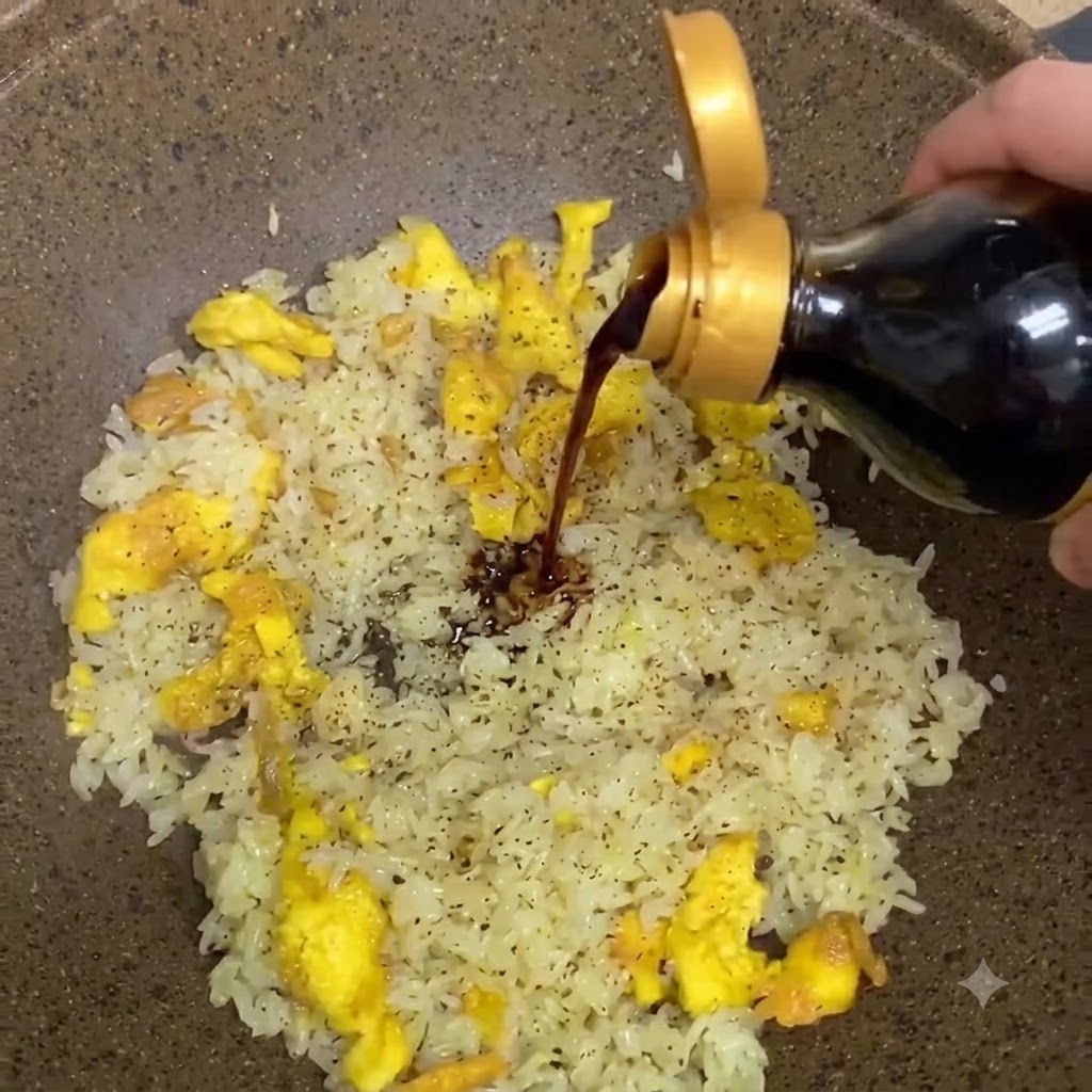 Salsa speciale scura versata da un flacone dosatore al centro del riso saltato in padella.