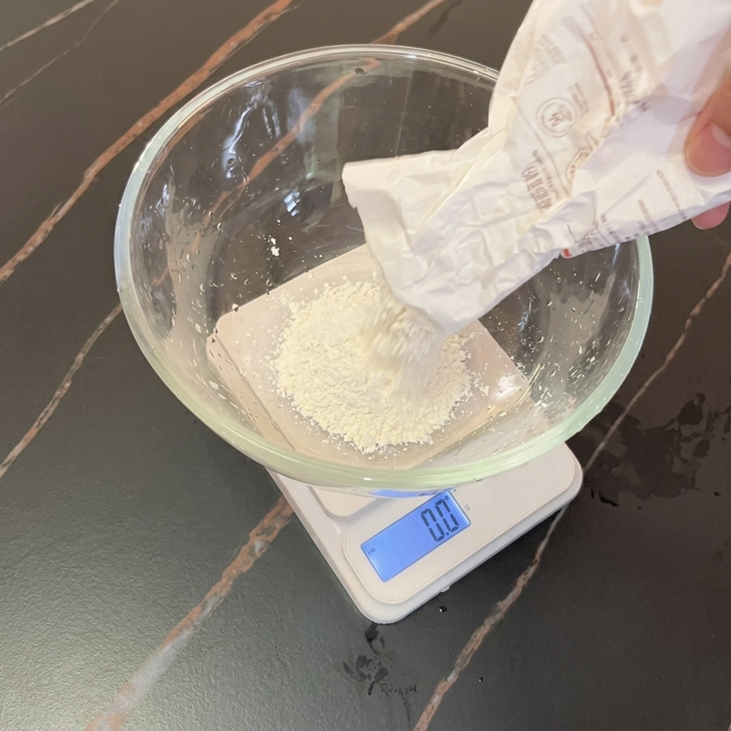Una ciotola di vetro su una bilancia da cucina digitale con farina mentre un sacchetto ne versa altra.