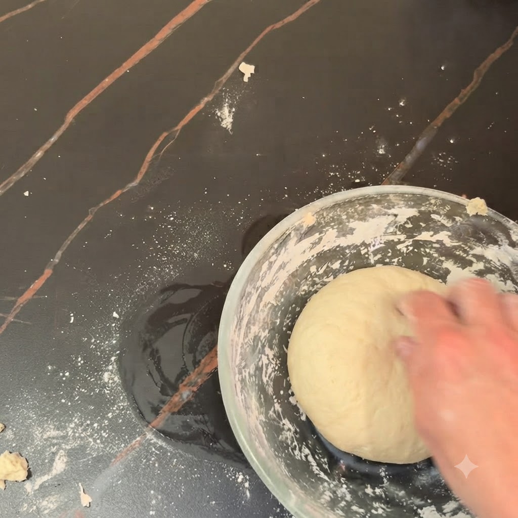 Una mano che impasta una liscia palla di impasto per pizza dentro una ciotola di vetro su un piano di lavoro scuro.