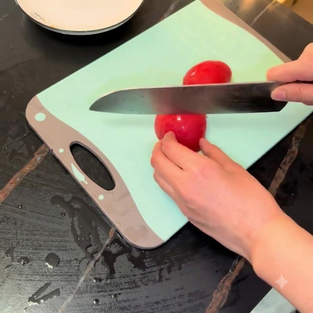 Un coltello da cucina che affetta un pomodoro rosso su un tagliere verde chiaro accanto a un piatto bianco.