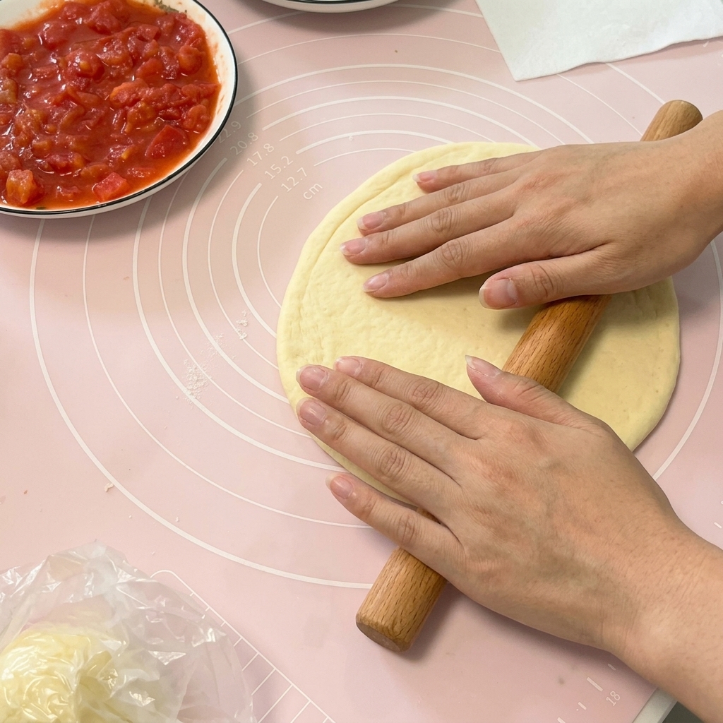 Due mani che usano un matterello di legno per appiattire limpasto della pizza in un sottile foglio circolare su un tappetino in silicone rosa.