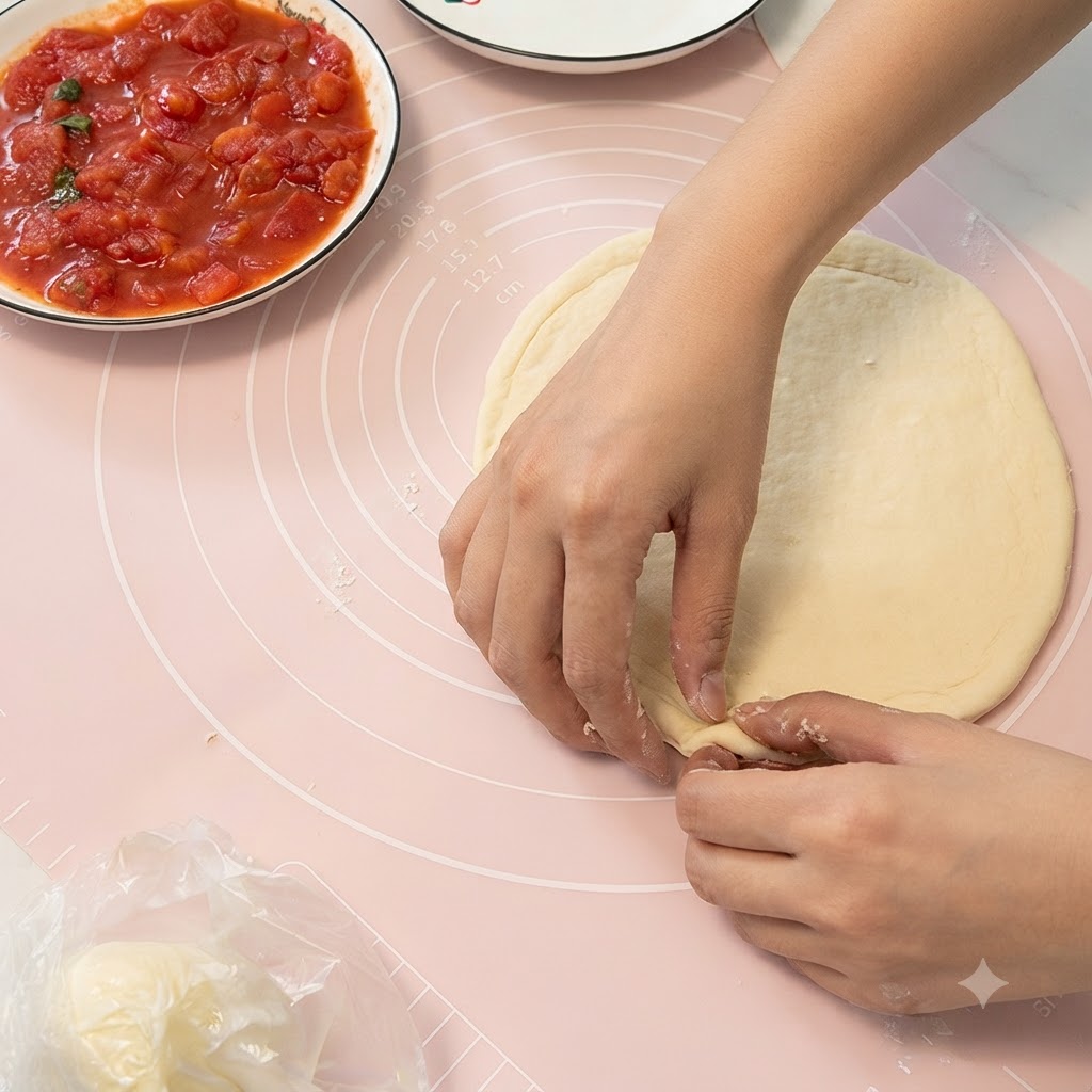 Mani che piegano il bordo di un cerchio di pasta stesa verso linterno per formare una crosta di pizza rialzata su un tappetino di silicone rosa.