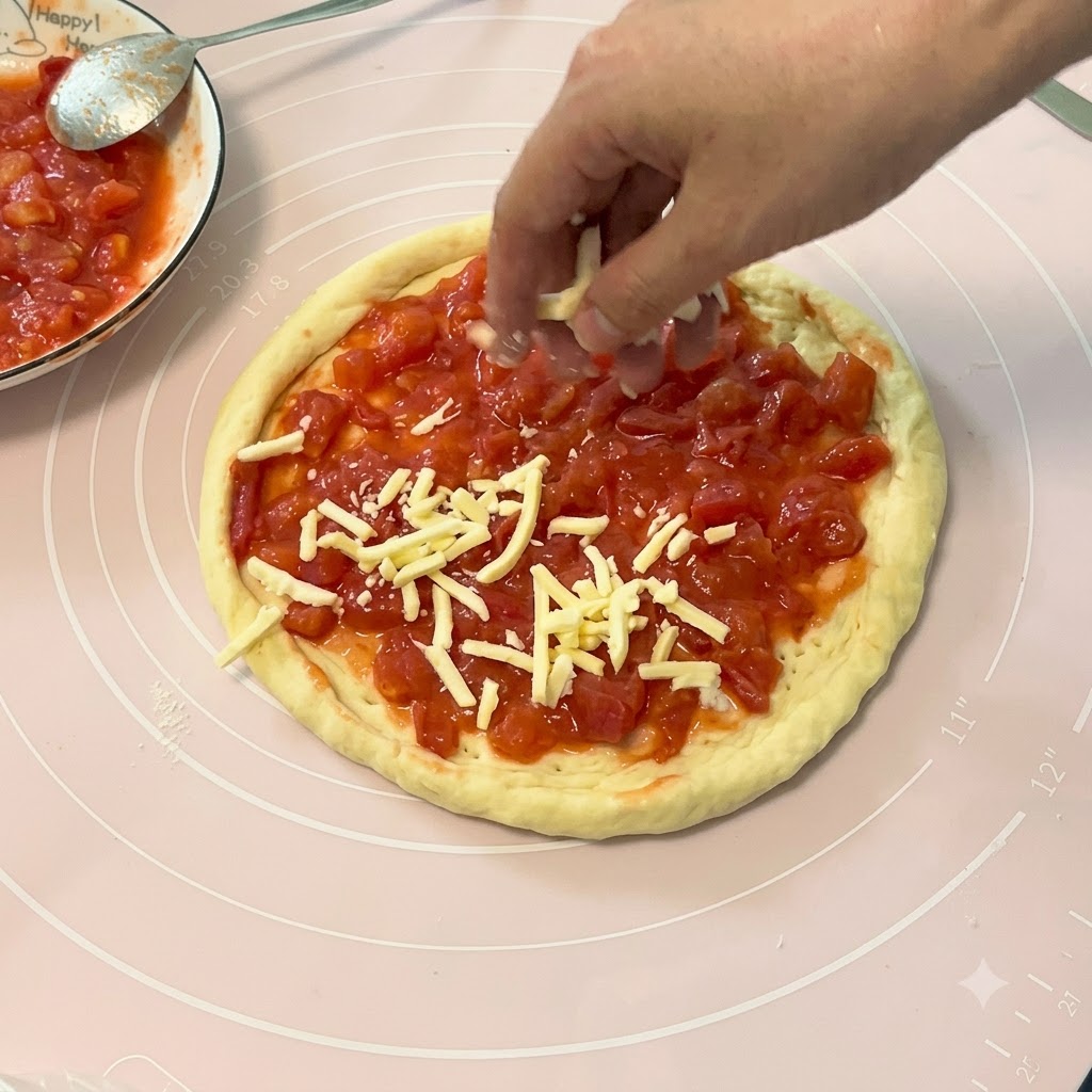 Una mano che sparge formaggio grattugiato sopra uno strato di pomodori a dadini cotti spalmati su una base di pasta per pizza cruda.