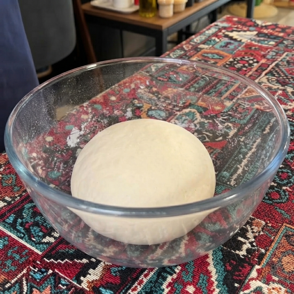 Una pallina di impasto liscia e rotonda che riposa allinterno di una ciotola di vetro dopo essere stata unta con olio doliva.