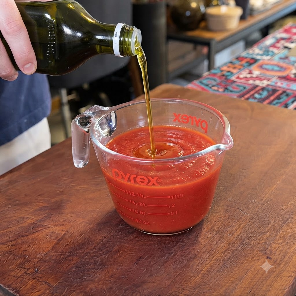 Olio doliva versato da una bottiglia di vetro in un misuratore trasparente riempito di salsa di pomodoro rossa.